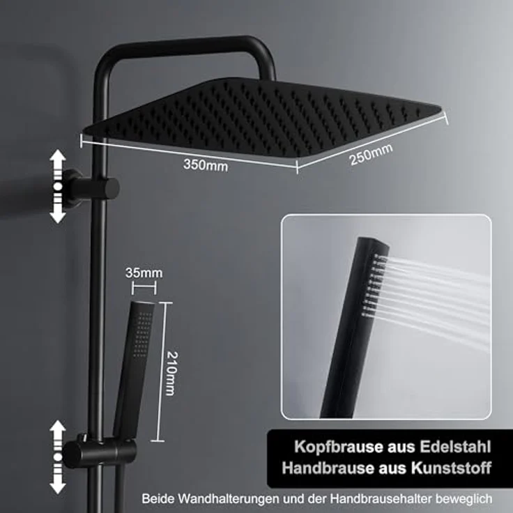 Görbach Regendusche Duschsystem, wassersparende Kopfbrause 35x25 cm, schwarz, Edelstahl mit Handbrause und flexibler Duschstange – Bild 3