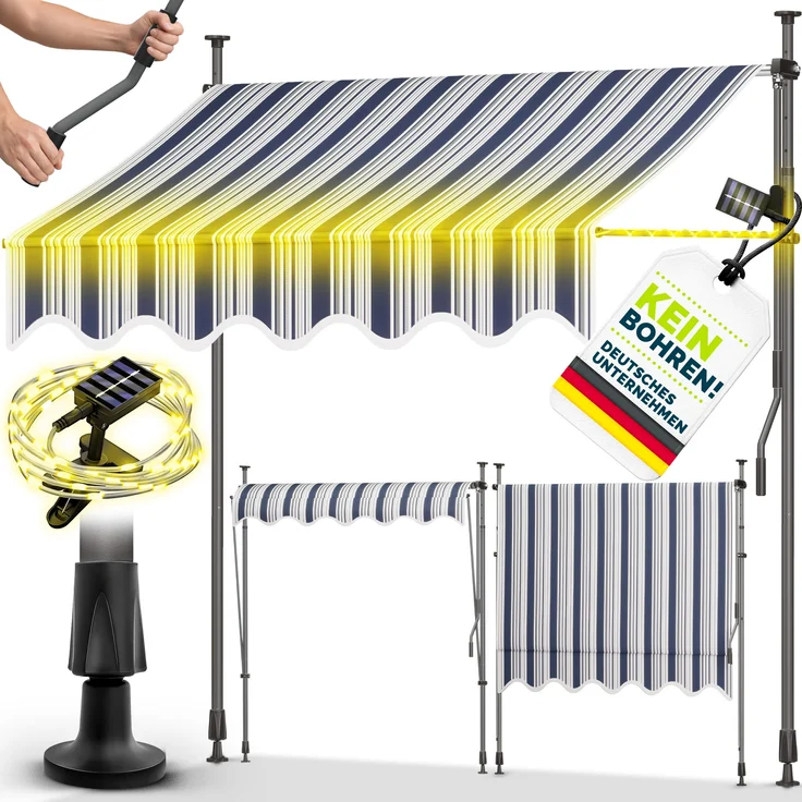 tillvex Klemmmarkise 400 cm Blau/Grau, UV-beständig, höhenverstellbar, wasserdicht, mit Solar LED und Handkurbel, Balkonmarkise ohne Bohren