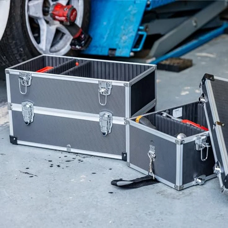 HMF Werkzeugkoffer geräumiger Utensilien Koffer mit Trennwänden, Transportkoffer, für Werkzeug, Angel Sachen und Kosmetik, 44x45x24 cm, schwarz – Bild 2