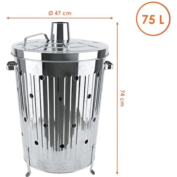 Spetebo Verbrennungstonne 75l, verzinkt, Feuertonne mit abnehmbaren Deckel und Belüftungslöchern, ideal für Terrassenofen – Bild 2