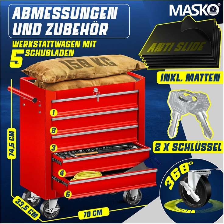 MASKO Werkstattwagen Profi Werkzeugwagen, abschließbar, 5 Schubladen, massives Metall, Rot, mobile Werkzeugaufbewahrung mit Schloss & 2 Schlüsseln