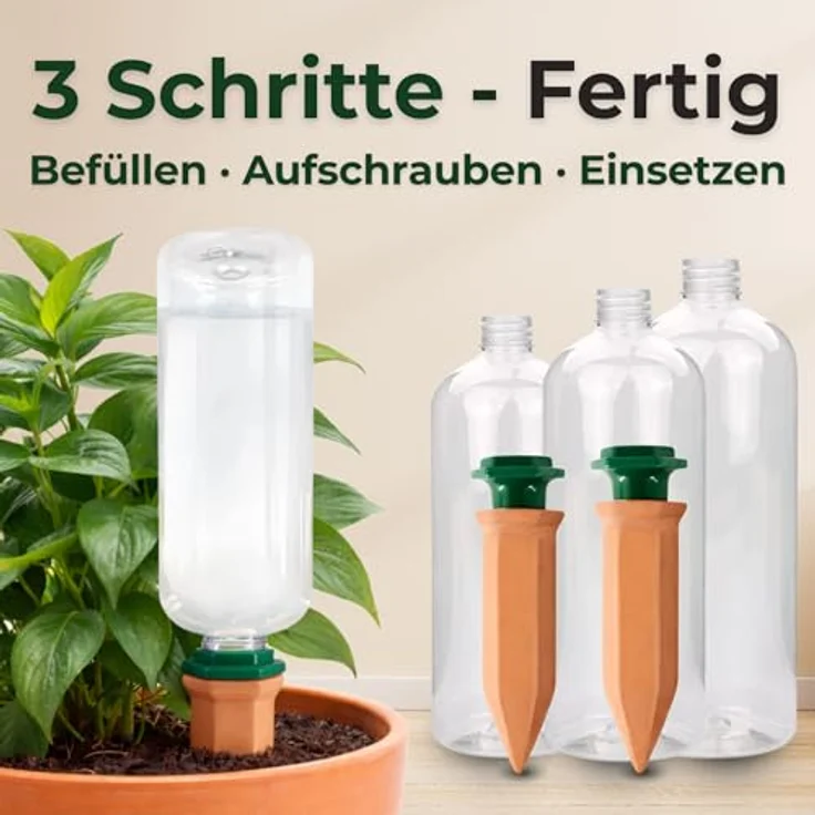 De-Plastik Automatisches Bewässerungssystem für Pflanzen, Tonkegel Set mit Adapter & 750 ml PET-Flaschen, 4 Kegel für Urlaubsbewässerung – Bild 2