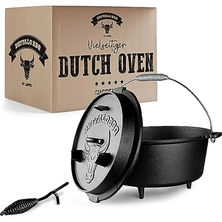 LAVUR BBQ Feuertopf 7,5 L Dutch Oven, Eingebrannter Gusseisentopf für Kochen, Braten & Grillen, Ideal für Camping, Inkl. Deckelheber, Tragetasche & 2in1 Gusseisendeckel – Bild 1