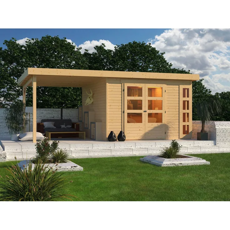 Karibu Gartenhaus Kerko 6, BxT: 558x331 cm, mit Anbaudach, aus 19 mm starken Wandbrettern, nordische Fichte, Steck-/Schraubsystem, 9,00 qm Grundfläche, 18,3 cbm umbauter Raum, praktische Tür, Kesseldruckimprägnierung