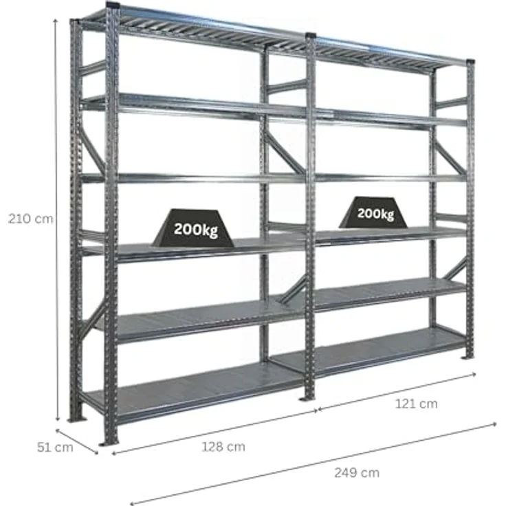Proregal PROXIMO Metallregal Fachbodenregal, 210 x 120 x 50 cm, 6 Böden, Traglast 200 kg je Boden, verzinkter Stahl, schraubenloses Stecksystem – Bild 2
