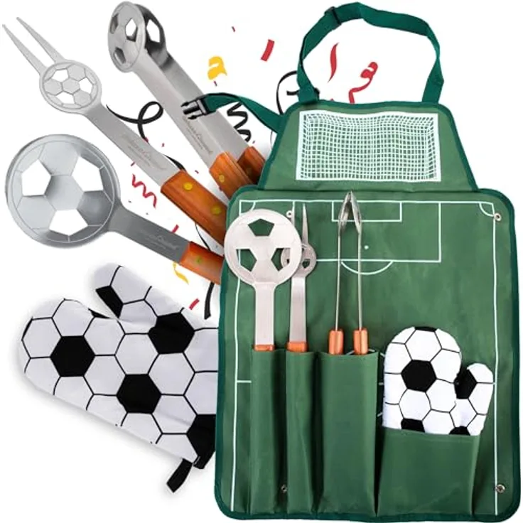 deluxe4home® Grillbesteckset im Fußball-Look, inkl. Grillzange, Grillwender, Grillgabel, Grillhandschuh und Grillschürze aus robustem 600D Polyester