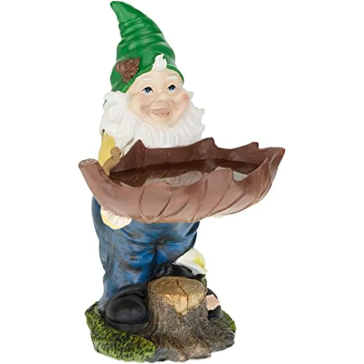 Relaxdays Gartenzwerg mit Vogeltränke, wetterfest, frostsicher, HxBxT: 36 x 22 x 22 cm, Gartenfigur, Kunststein, bunt - Preisvergleich