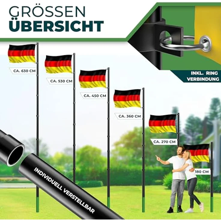 KESSER Teleskop Fahnenmast Aluminium 6,30m Bodenhülse 60cm inkl Deutschlandfahne Höhenverstellbar Flaggenmast Mast Deutschland Flagge Alu Schwarz – Bild 6