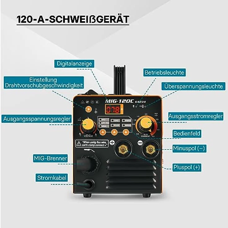 XPOtool IGBT Schweißgerät, digitales 120A Invertergerät für MIG, MMA, WIG/TIG und Flux-Fülldraht mit Hot Start und Arc Force – Bild 3