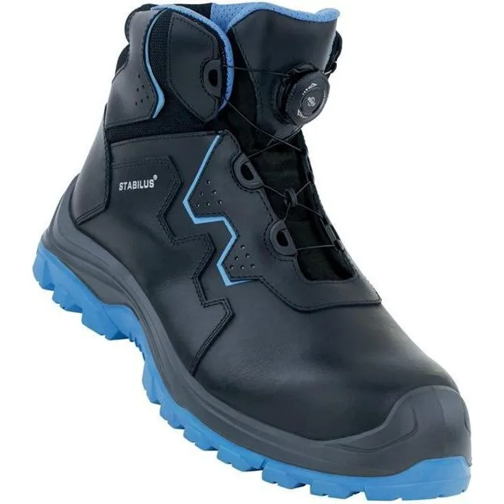 Stabilus ALEX MID BLUE TWIST, Sicherheitsstiefel S3 ESD EN ISO 20345:2022, Größe 43, schwarz/hellblau, Rindleder, ölresistente PU/PU-Sohle
