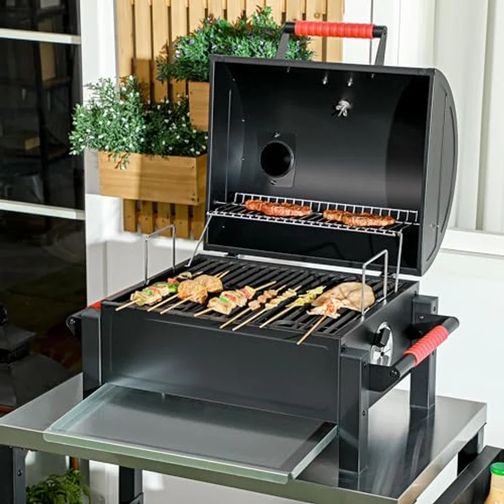 Outsunny Holzhohlgrill, Tischgrill mit Grillrost, Kohleschale, Campinggrill mit Deckel, Griff, Thermometer, Tischholzgrill für Picknick, Garten, Schwarz, 68,5 x 50 x 54 cm – Bild 2