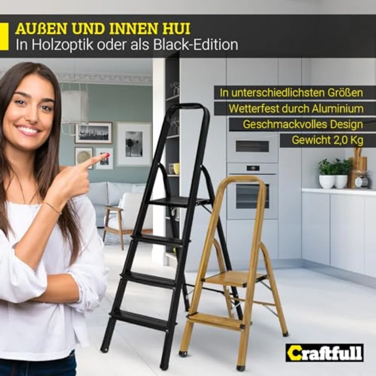Craftfull Stehleiter CF-133A Aluminium-Haushaltsleiter klappbar Holzoptik (2 Stufen Holz Edition) – Bild 2