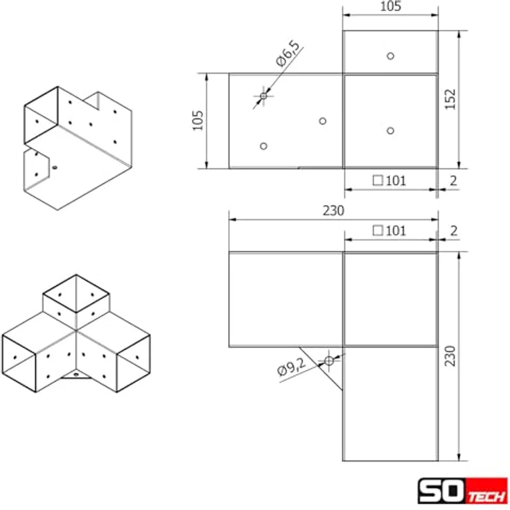 SO-TECH® Pfostenbeschlag Holzverbinder Bodenanker vierkant, Stahl schwarz mit starkem Korrosionsschutz, Anbau SET 6-tlg. 100 x 100 mm – Bild 7