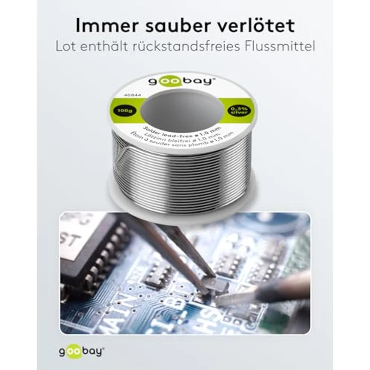 Goobay Lötzinn bleifrei, ø 1,0 mm, 100 g - Zusammensetzung: 0,3 % Silber, 0,7 % Kupfer, 96,5 % Zinn, Flußmittelanteil: 2,5 %, Schmelzpunkt 217° C – Bild 6