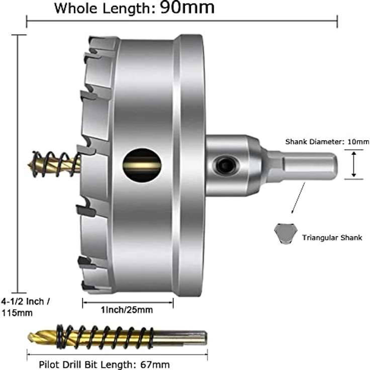 ASNOMY 115mm TCT-Lochsäge Hartmetall-Bohrer, Präzisionsbohrer für Edelstahl, Eisen, Holz und Kunststoff, 3-Klingen-Design, 25mm Schnitttiefe – Bild 4