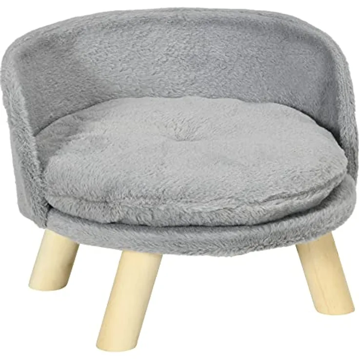 Pawhut Katzensofa, Haustiersofa mit Kissen, Katzenbett, katzensessel Katzenhocker erhöhtes Haustierbett mit rutschfesten Holzfüße, Hundesofa, Indoor, Grau, 40,5 x 40,5 x 33 cm