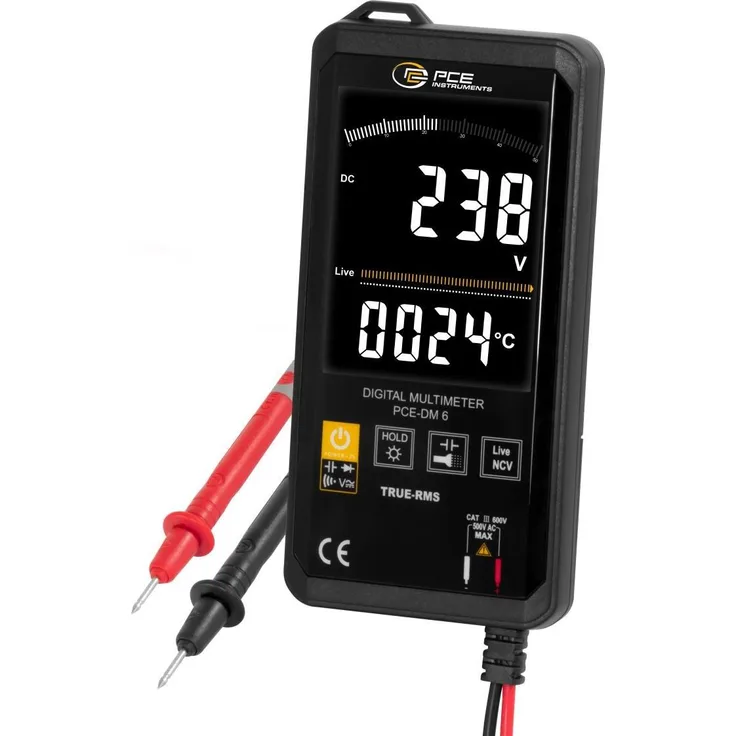 PCE Instruments PCE-DM 6, Digital-Multimeter CAT III 600 V, TRMS, 6.000 Counts, berührungslose Spannungserkennung, 3,1 Zoll LC-Display, Hold-Funktion