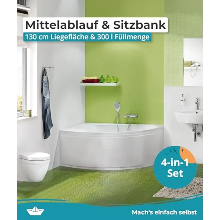 Calmwaters Eckbadewanne Curved Wellness 150x150 cm, mit Schürze, Wannenfüßen & Ablaufgarnitur, 300 l Wasserinhalt, erhöhte Sitzfläche – Bild 3