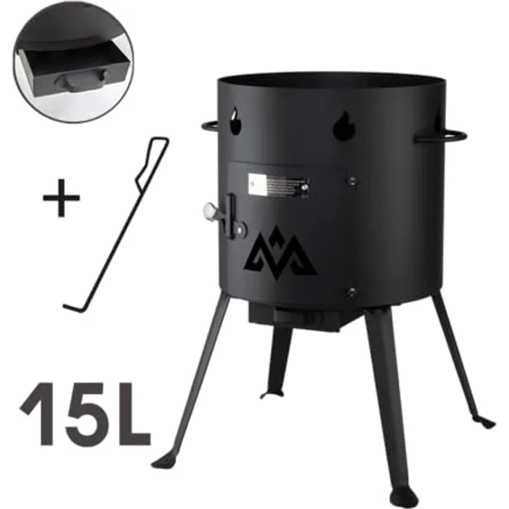 OLYMP Outdoor Feuerofen, 15L Kapazität, 452mm Durchmesser, 650mm Höhe, Schwarz mit Ascheschublade und Schürhaken