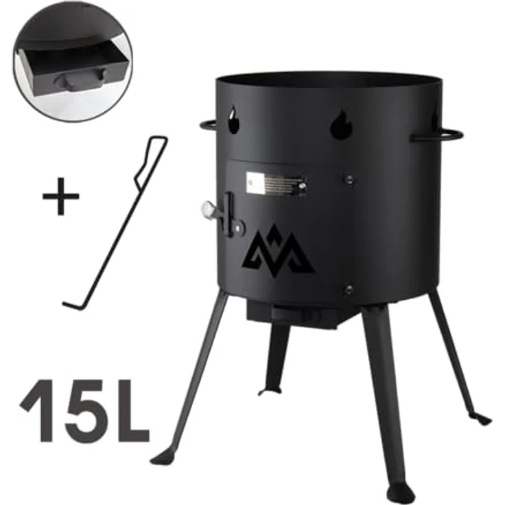 OLYMP Outdoor Feuerofen, 15L Kapazität, 452mm Durchmesser, 650mm Höhe, Schwarz mit Ascheschublade und Schürhaken
