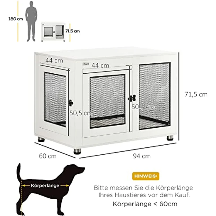 PawHut Hundekäfig, Haustierkäfig, Hundehaus, Hundehütte mit Kissen, Hundebox Indoor, Tierkäfig mit 2 Türen für kleine Hunde bis mittelgroße Hunde, Weiß+Schwarz, 94 x 60 x 71,5 cm – Bild 3