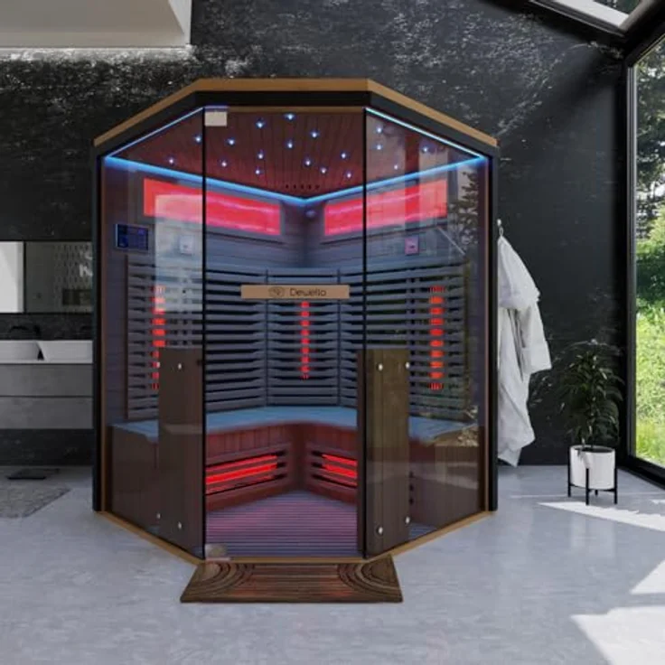 Dewello Sauna KENORA 140 Wärmekabine, 2-3 Personen, 7 Vollspektrumstrahler, (LED-Farblichttherapie inkl. Ionisator mit Ozondesinfektion und Aromatherapie, inkl. Ionisator mit Ozondesinfektion und Aromatherapie, Bluetooth & FM) klappbare Frontstrahler – Bild 2