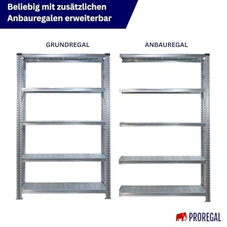 Proregal PROXIMO Metallregal Fachbodenregal, 200 x 360 x 60 cm, 5 Böden, Traglast 200 kg pro Boden, verzinkter Stahl, schraubenloses Stecksystem – Bild 6