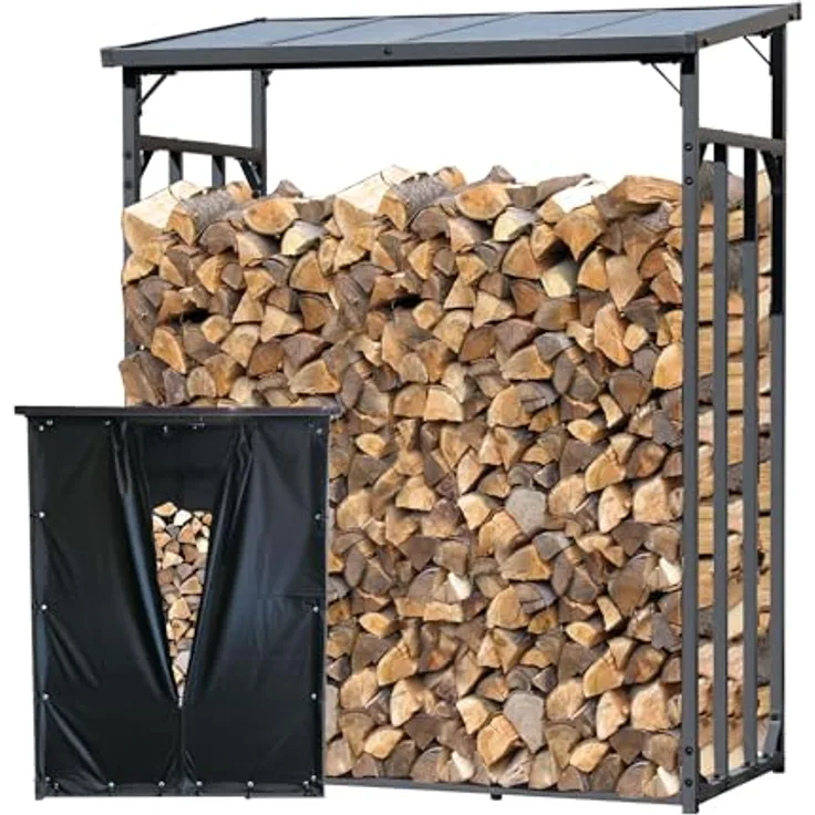 QUICK STAR Metall Kaminholzregal Außen 143 x 70 x 185 cm, Wetterschutz Schwarz, 30 mm Stahlprofil, Wetterfest, 1,8 m³ Kapazität, XL Garten Kaminholzunterstand mit Belüftung