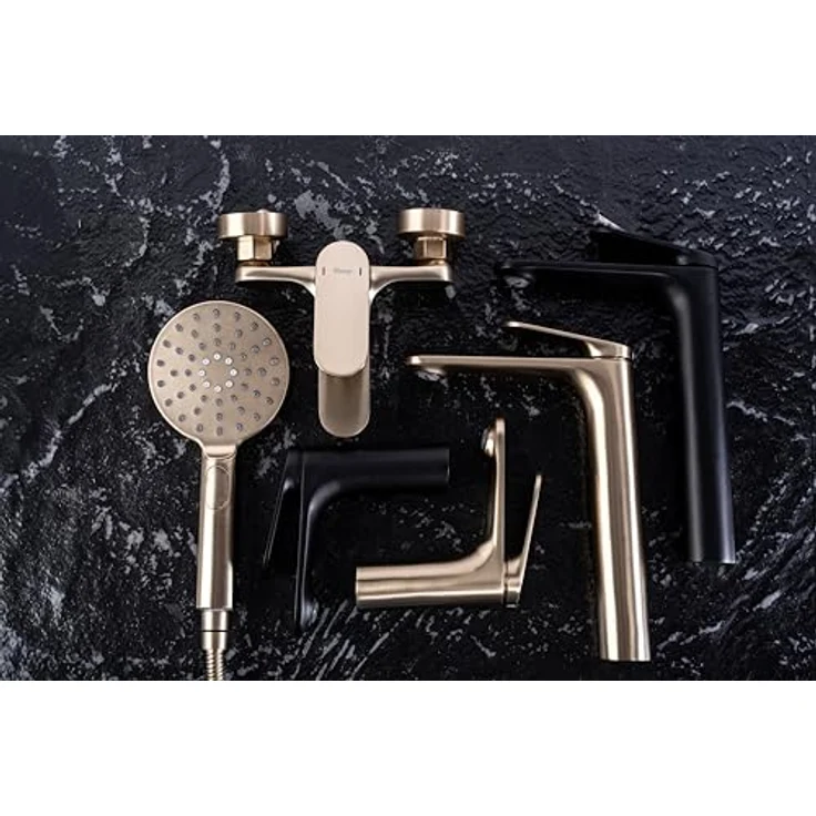 wohnwerk.idee Wannenarmatur Badewannenarmatur Gold Matt Gebürstet, Einhebelmischer mit integrierter Handbrause und flexiblen Schlauch – Bild 6