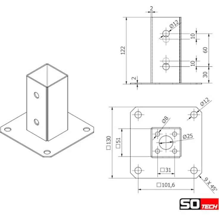 SOTECH Pfostenträger Bodenanker, Vierkant 50 x 50 mm, feuerverzinkt, robust und langlebig – Bild 7