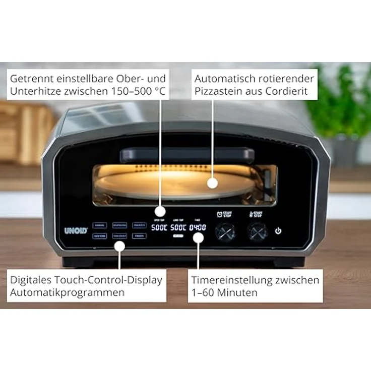 Unold Pizzaofen Enzo 68916, Elektro-Pizzaofen aus Edelstahl mit 2100 Watt Leistung und digitalem Timer – Bild 3
