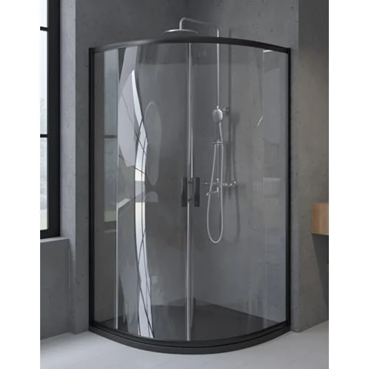 BAD LAND Duschkabine HELA Schwarz/Chrom mit Duschwanne VIDAR 80/90x80/90 cm, Viertelkreis Duschabtrennung Transparent NanoGlas 6 mm, Duschtasse Schwarz/Weiß Steinoptik SMC mit Ablauf – Bild 5