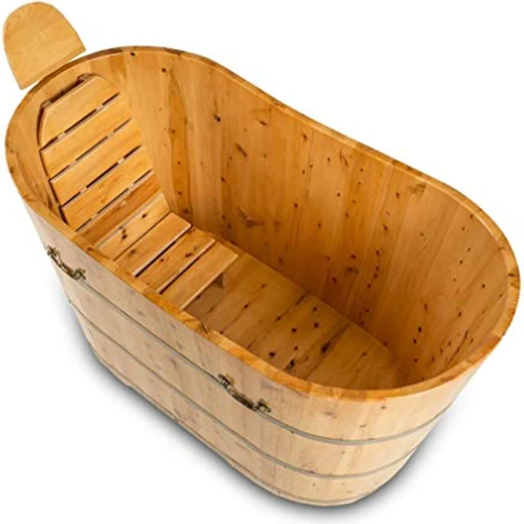 DEKO VERTRIEB BAYERN XXL Luxus freistehende Holz-Badewanne 150cm aus rotem Zedernholz, pflegeleichte Oberfläche, inklusive Ablaufgarnitur und Hygienesiegel, Abmessungen 150 x 62 x 85 cm – Bild 1