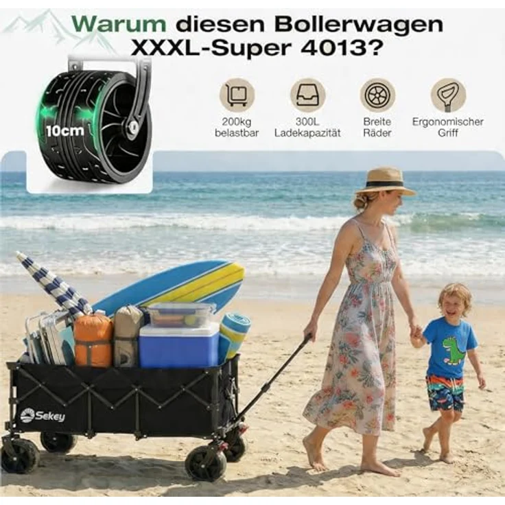 Sekey XXXL Bollerwagen, faltbar 300L, 200KG belastbar, All-Terrain-Räder 17x10 cm, patentierter 4-Wege-Sofortaufbau, schwarz – Bild 2