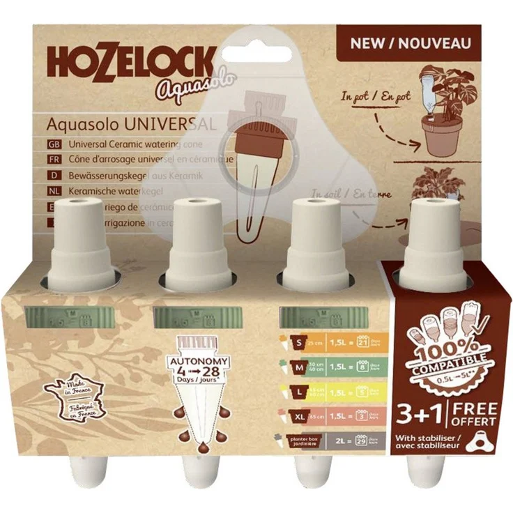 Hozelock Aquasolo Bewässerungskegel, Selbstbewässerungssystem für Pflanzen, 4er Set, kompatibel mit Flaschentypen bis 2 l