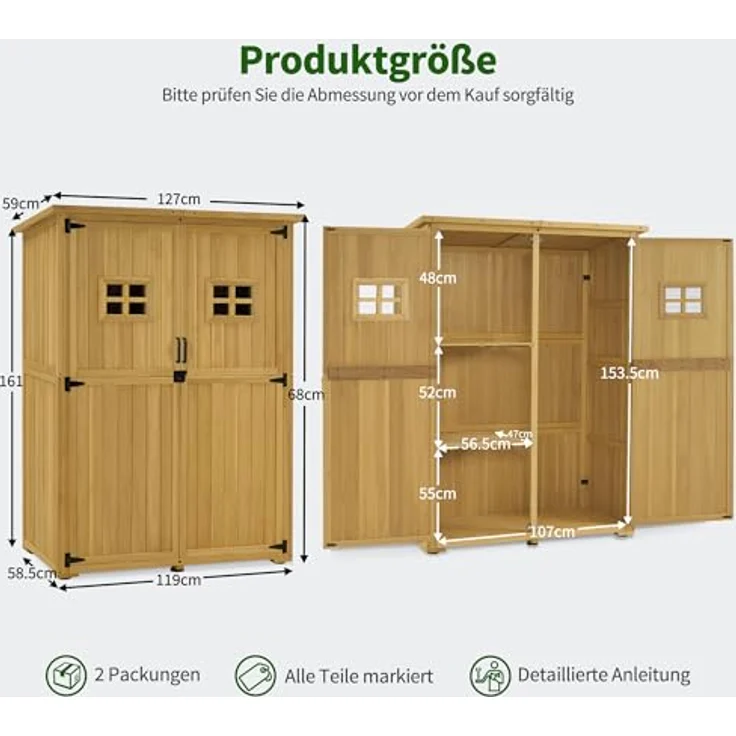 M MCombo Gartenschrank Holz 0912D-F, wetterfestes Gerätehaus mit 2 Abteilen, 59×127×168 cm, in Natur – Bild 3