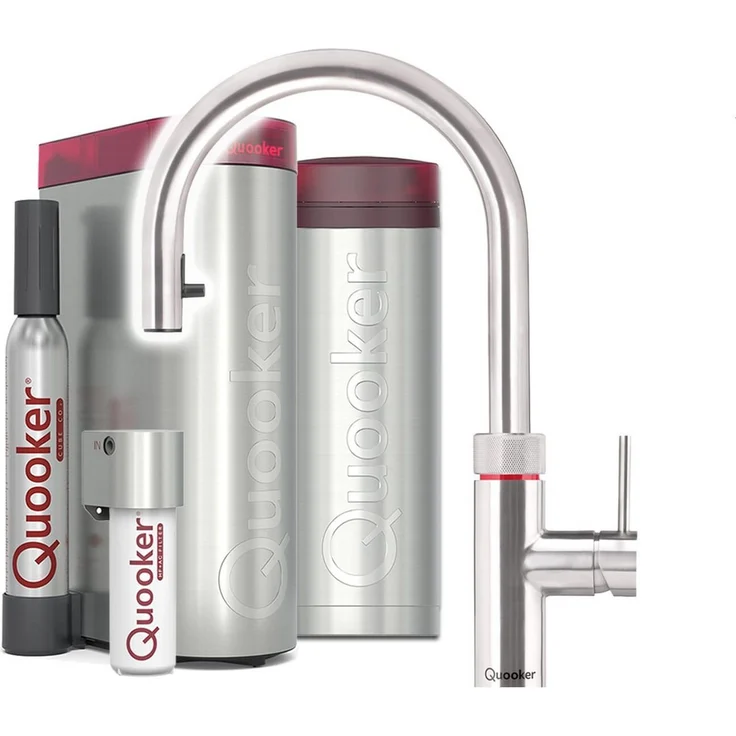 QUOOKER Flex Round Küchenarmatur mit PRO3 Reservoir & CUBE, verchromt glänzend, 5 Wasserarten, flexibler Ausziehschlauch, inkl. CUBE-Filter Set