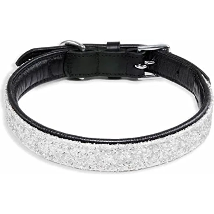 Monkimau Halsband Hund echt Leder Hunde Halsbänder schwarz mit weißen Pailletten Lederhalsband verstellbar Dog Collar Hundehalsband (XS-S: 20mm x 40cm)