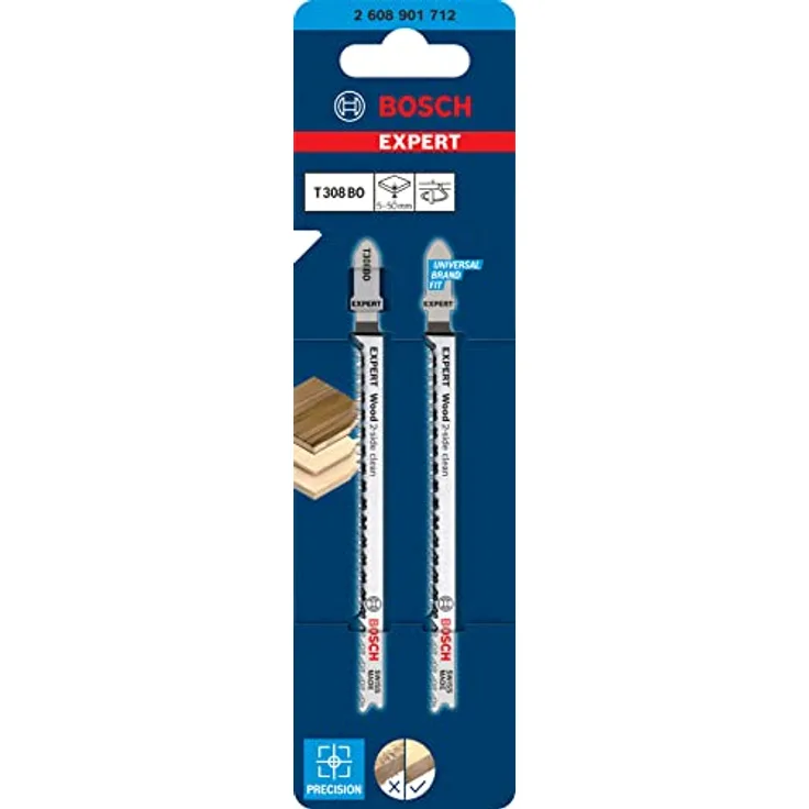 Bosch Professional 2x Stichsägeblatt Expert ‘Wood 2-Side Clean’ T 308 BO (für Sperrholz, Massivholz-Möbelplatte, Länge 117 mm, Zubehör Stichsäge)