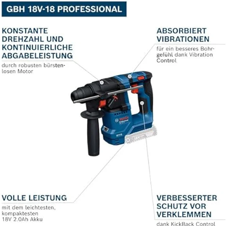 Bosch GBH 18V-18, Akku-Bohrhammer mit SDS plus, KickBack Control, bürstenloser Motor, 18V-2,0-Ah Akku, Vibration Control – Bild 2