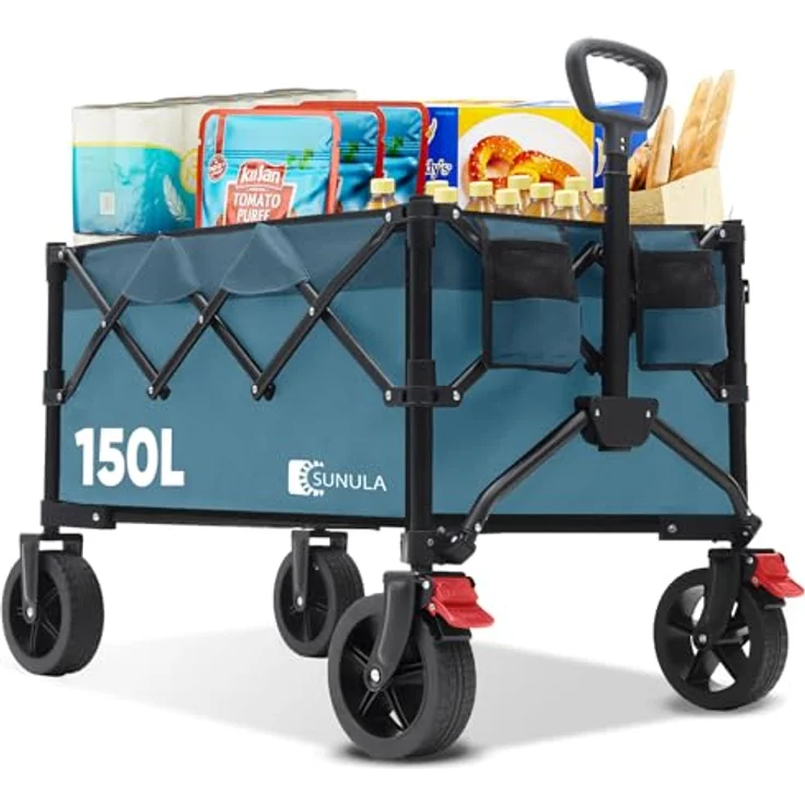 Sunula Bollerwagen Faltbar, Klappbarer Handwagen mit Tragkraft 120KG, Ein-Klick-Handgriff, 150L Stauraum, Geländegängige Räder mit Bremsen, Grün – Bild 1