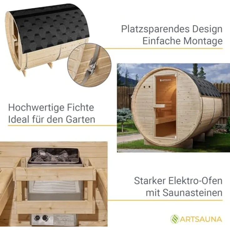 Artsauna Fasssauna Spitzbergen 220, 6 Personen, Fichtenholz, 8 kW Elektro-Ofen, Komplett-Set, Naturfarben – Bild 4