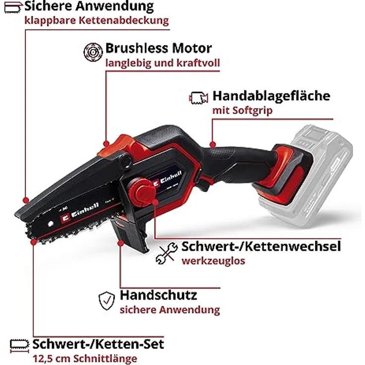 Einhell Akku-Astkettensäge GE-PS 18/15 Li BL-Solo Power X-Change (18 V, Brushless, 12,5 cm Schnittlänge, werkzeugloser Schwert- und Kettenwechsel, ohne Akku) – Bild 3