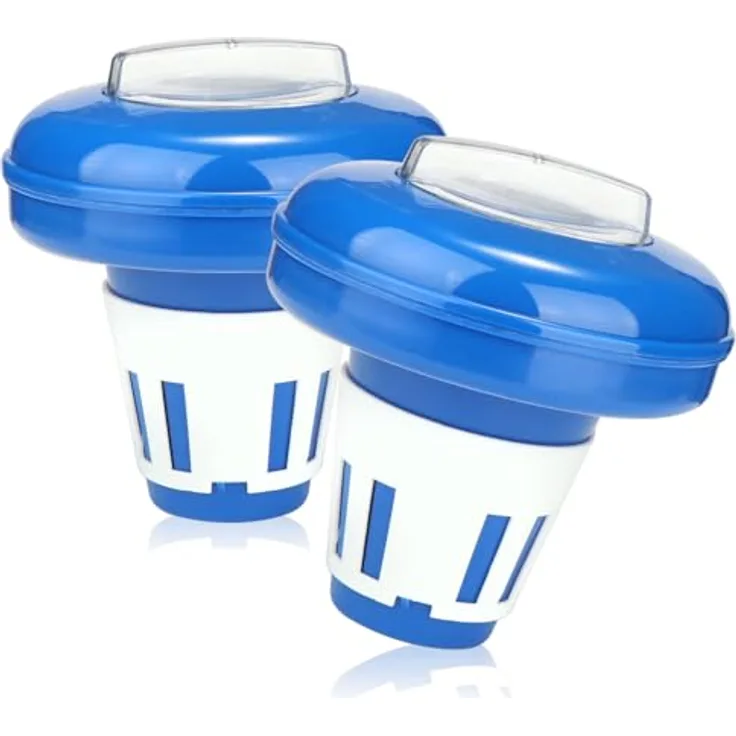 com-four® 2x Dosierschwimmer für den Pool, Chemikalienspender für Chlor- oder Bromtabletten, blau-weiß, regulierbare Dosierung, großes Fassungsvermögen