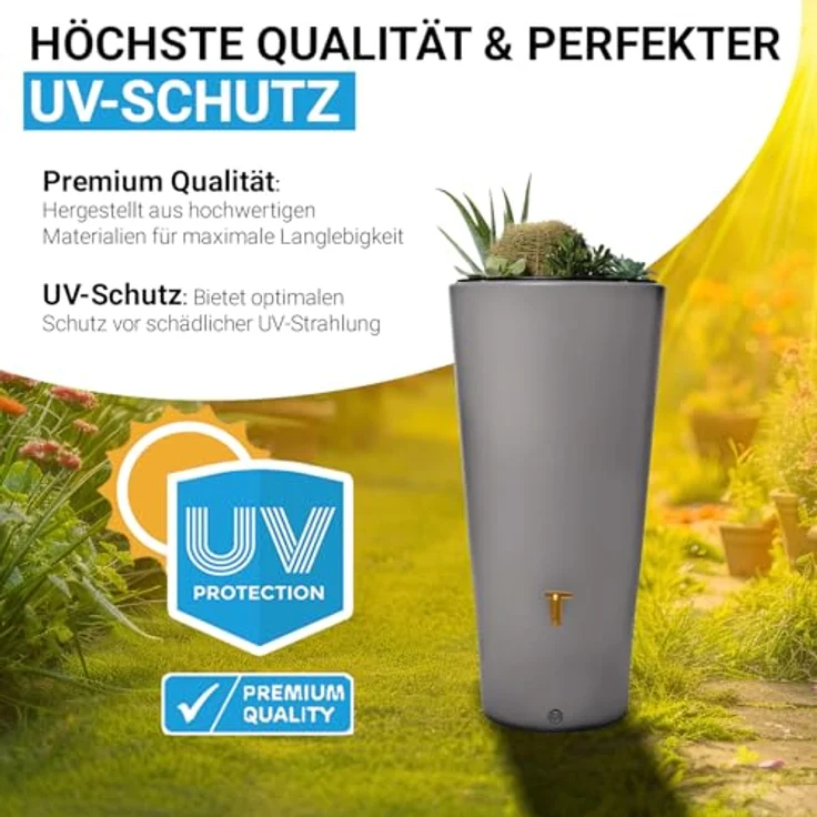 4rain Vaso 2in1 Regentonne 220 Liter zinkgrau inkl. Kunststoff-Auslaufhahn und Fallrohranschluss - Regenwassersammeln und stilvolles Gartenaccessoire – Bild 3