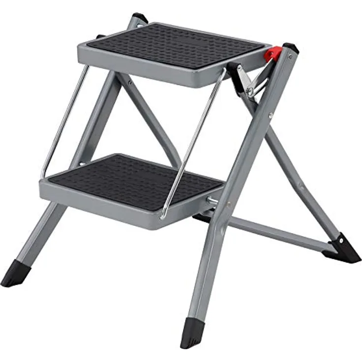 SONGMICS Trittleiter mit 2 Stufen, klappbar, Stufenbreite 20 cm, Gummi, rutschfest, mit Griff, Belastung 150 kg, Stahl, Grau und Schwarz GSL002GY01