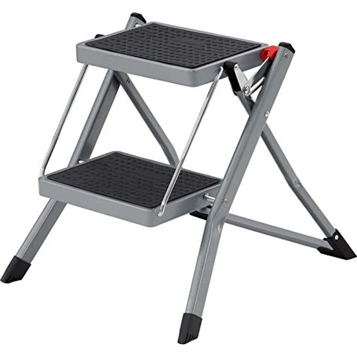 SONGMICS Trittleiter mit 2 Stufen, klappbar, Stufenbreite 20 cm, Gummi, rutschfest, mit Griff, Belastung 150 kg, Stahl, Grau und Schwarz GSL002GY01 – Bild 1