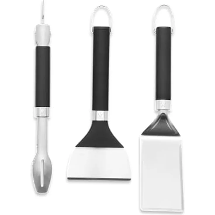 Weber Plancha/Grillplatten Zubehör Set, 3-teilig, Edelstahl-Zange, Wender & Schaber, spülmaschinenfest - Schwarz/Silber (3400074)
