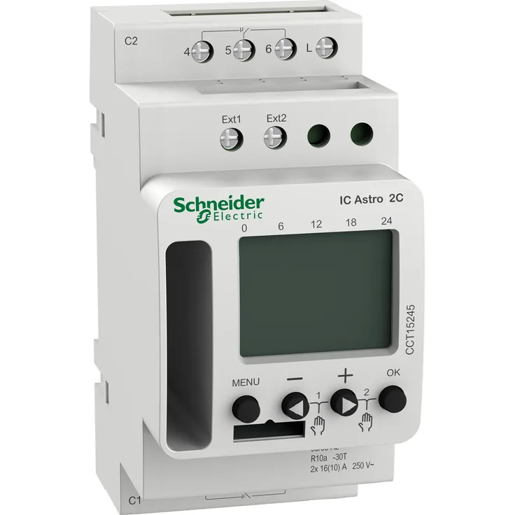 Schneider Electric CCT15245, programmierbare Zeitschaltuhr mit Sonnenauf- und Sonnenuntergangsautomatik, einstellbarem Lichtschwellwert und App-Steuerung