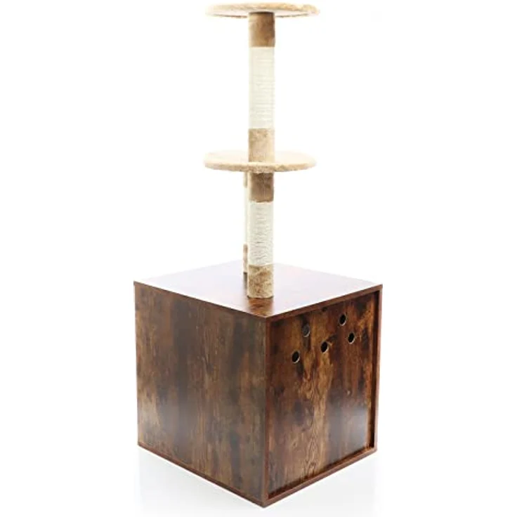 Fudajo Kratzbaum aus Holz 125 cm mit Katzenhaus, Design Katzenkratzbaum in Vintagebraun, 2in1 Katzenhaus mit Katzenklo, Kletterbaum für Katzen – Bild 3
